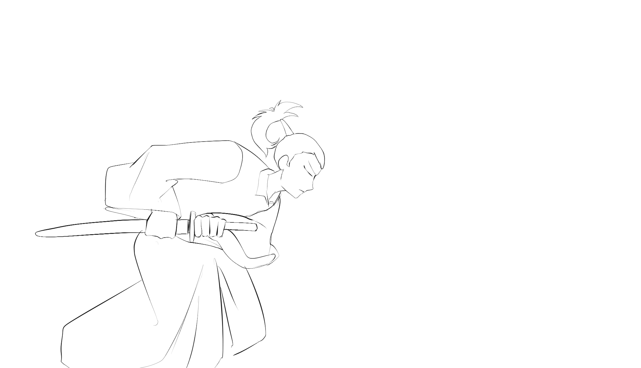 Samurai keyframe 1: crouched, hand on the sheathed katana